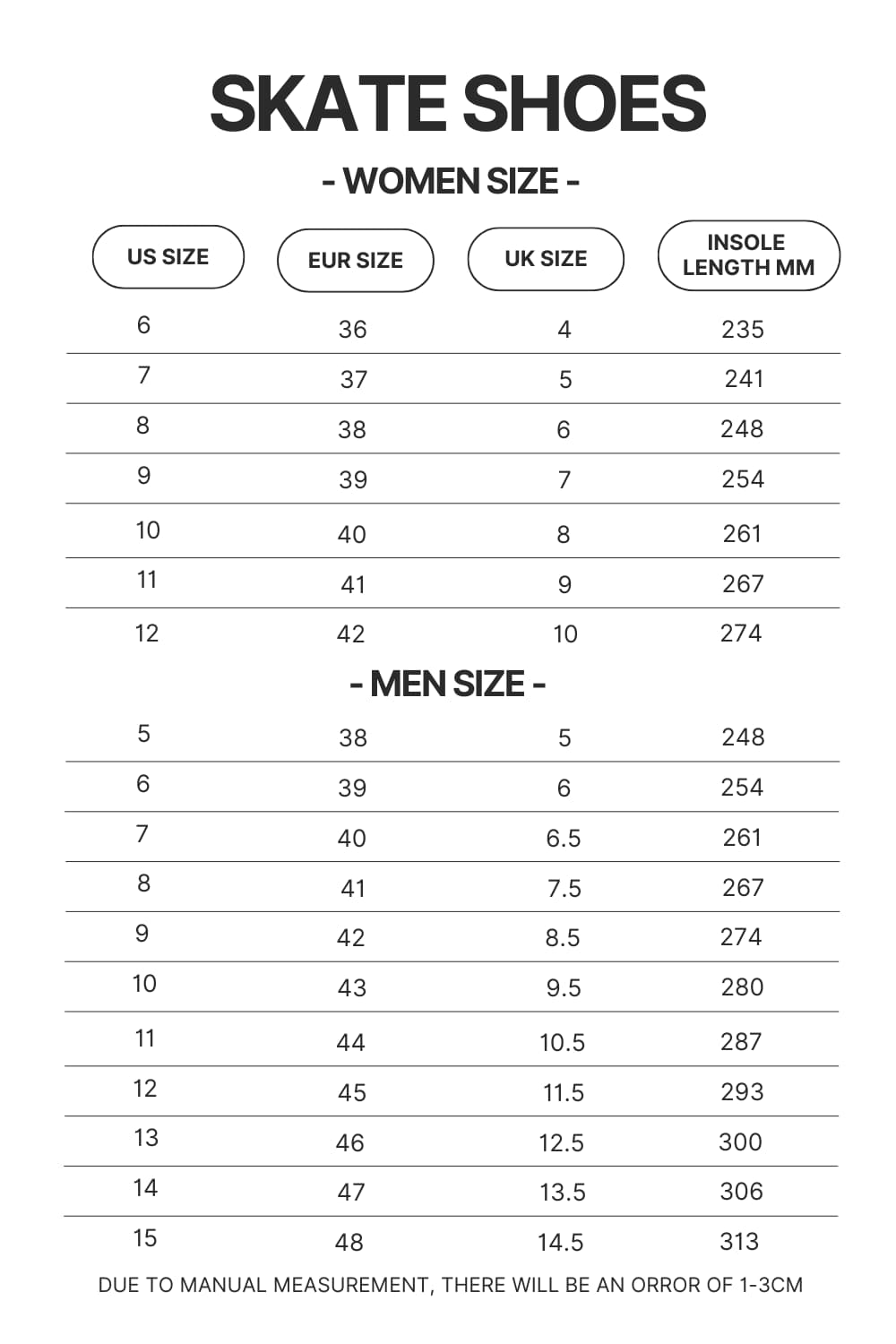 Skate Shoes Size Chart - JJBA Store