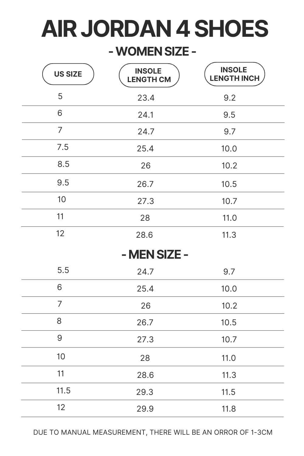 Air Jordan 4 Shoes Size Chart 1 - JJBA Store